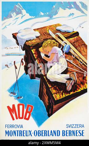 MOB, Montreaux Oberland Bernese, Vintage-Reiseplakat von Martin Peikert feat a Woman on a Skihausdach - ca. 1956 - Winter Sport, Schweiz, Suisse, SW Stockfoto