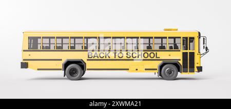 Klassischer gelber Schulbus, der auf weißem Hintergrund geparkt ist und bereit ist, Kinder zurück zur Schule zu bringen. 3D-Rendering Stockfoto