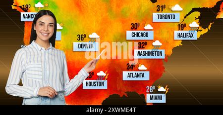 Wettersender, der die Prognose anhand der Karte der USA präsentiert Stockfoto