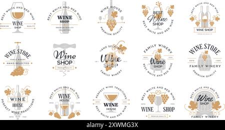 Weinabzeichen. Identitätssammlungen von Weinmarkt-Logos mit Trauben und Alkoholflaschen aktuelle Vorlagen Set Stock Vektor