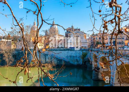 Malerische Aussicht durch die Brunches auf der Ponte Cavour Brücke und mittelalterliche Gebäude und Kirchen auf der anderen Seite des Tiber, Rom, Italien Stockfoto