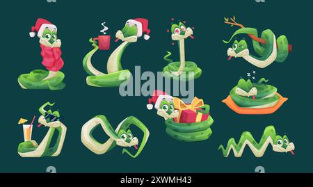 Grüne Schlange. Eidechsen in Aktion Posts New Year 2025 Symbole Cartoon Maskottchen Schlangen exakte Vektor Illustrationen Set Stock Vektor