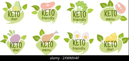 Keto-Diät. Anzeichen natürlicher ketogener Lebensmittel Gemüse und Fette Zutaten neue Vektor-Logo oder Badges Kollektion Stock Vektor