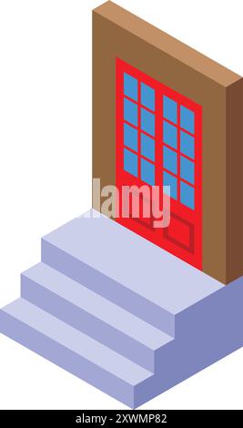 Isometrisches Symbol einer roten Haustür mit einer Treppe, die hinauf führt Stock Vektor