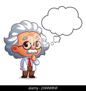Niedliche Alte Wissenschaftlerin Cartoonfigur, Die Mit Sprachblase Denkt Stock Vektor
