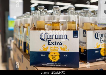 Packung Corona Extra Bier. Corona Extra Glasflaschen im Supermarkt. Minsk, Weißrussland - 15. februar 2024 Stockfoto