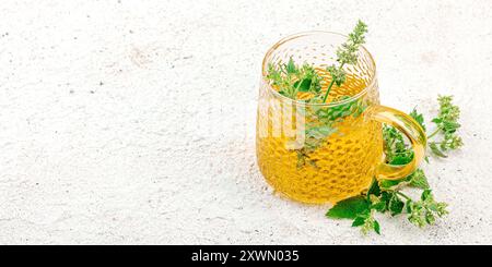 Zitronenmelisse Tee auf weißem Hintergrund. Frische essbare Kräuter, trendiges Getränk. Bio-Gesundheitswesen, ökologischer Lebensstil, veganes Getränk, Bannerformat Stockfoto