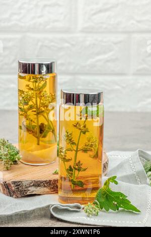 Kombucha Zitronenbalsam-Getränk. Trendiges Naturprodukt, gesunder Lebensstil. Bio fermentiertes probiotisches Getränk, Steinhintergrund, Kopierraum Stockfoto