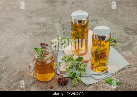 Kombucha Zitronenbalsam-Getränk. Trendiges Naturprodukt, gesunder Lebensstil. Bio fermentiertes probiotisches Getränk, Steinhintergrund, Kopierraum Stockfoto