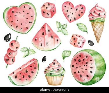 Aquarellset Illustrationen geschnittene Wassermelone, Minzblätter Clip Art isolierter Hintergrund. Handgezeichnet von hellen Stücken und Scheiben Melone von Eis Stockfoto