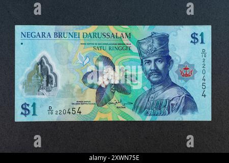 Brunei neue 1-Dollar-Polymer-Banknote mit Sultan Hassan al-Bolkiah und Moschee. Stockfoto