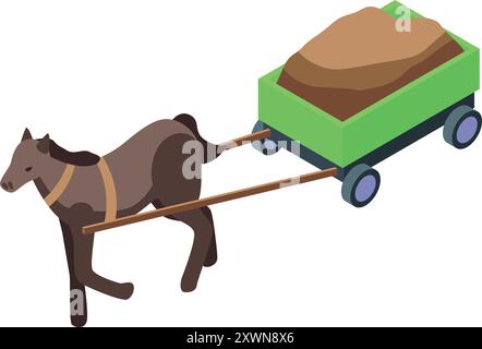 Pferd zieht einen beladenen Holzwagen auf weißem Hintergrund Stock Vektor