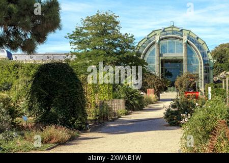 PARIS, FRANKREICH - 30. AUGUST 2019: Dies ist eine Gasse zum Eingang zu den großen Gewächshäusern im Pflanzengarten. Stockfoto