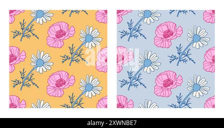 Handgezeichnetes Blumenmuster Set Mit Nahtlosen Mustern Stock Vektor