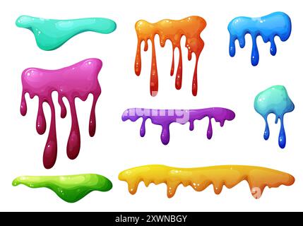 Farbenfroher tropfender Schleim im Zeichentrick. Schleimspritzer und Flüssigkeitstropfen. Giftiges Spritzen, klebriges schleimiges Element. Vektorillustration isoliert auf weiß Stock Vektor