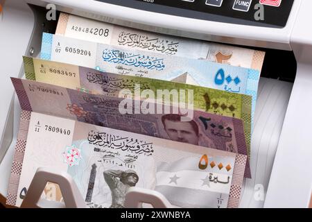 Syrisches Geld - Pfund in der Zählmaschine Stockfoto