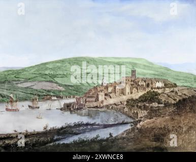 Blick auf Derry oder Londonderry City am Fluss Foyle, Nordirland. Die Mauern wurden 1613–1619 als Verteidigungsanlagen für Siedler aus England und Schottland aus dem frühen 17. Jahrhundert errichtet. Das Gemälde stammt von Joris Cornelisz van der Haagen (1615–1669), einem niederländischen Landschaftsmaler aus dem Goldenen Zeitalter. Stockfoto