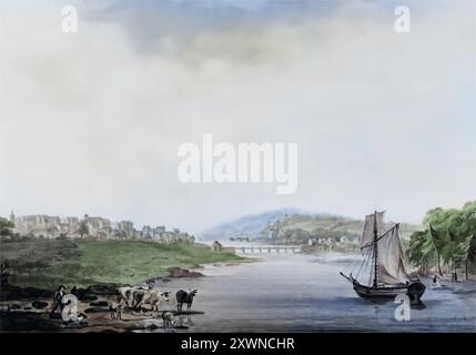 Ein Blick auf Coleraine in der Nähe der Mündung des Flusses Bann in County Derry, Nordirland. Gemälde des irischen Landschaftsmalers Henry Hulley, aktiv 1783–1790. Stockfoto