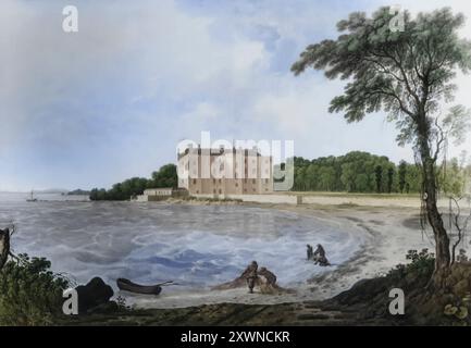 Shane’s Castle bei Antrim im County Antrim, Nordirland, liegt an der Nordostküste des Lough Neagh und wurde 1816 durch Feuer zerstört. Gemälde von William Ashford (1746–1824), einem englischen Maler, der ausschließlich in Irland arbeitete. Stockfoto