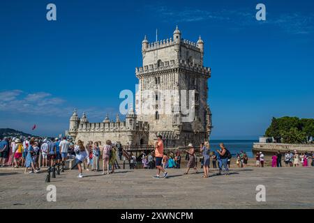 Belem, der Vorort von Lissabon am Tejo, berühmt für seine Denkmäler, wie den Belém-Turm aus dem 16. Jahrhundert, das Denkmal der Entdeckung Stockfoto