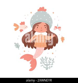 Eine niedliche Meerjungfrau in Herbstkleidung schwimmt mit Fischen und Herbstblättern. Niedliches Herbstmädchen. Ungewöhnliche Kombination. Surrealismus. Stock Vektor