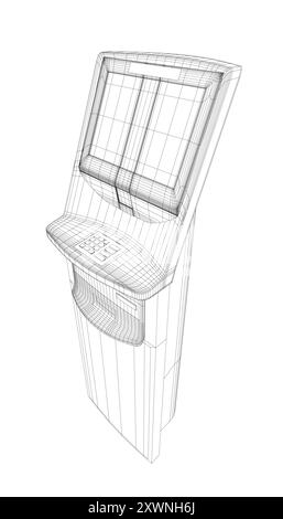 Drahtmodell-Geldautomat mit Display. Bankterminal für Transaktionen, Abheben von Geld und Einzahlen auf das Konto. Vektor-Illustration des Umrisses des Geldautomaten mit Polizisten Stock Vektor