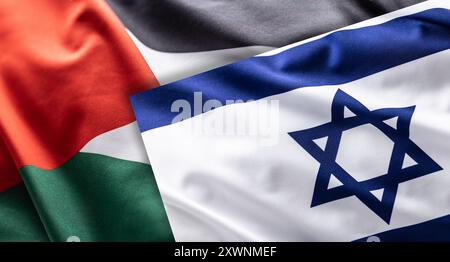 Palästinensische und israelische Flagge zusammen. Konflikt im Gazastreifen zwischen Israel und Palästina. Stockfoto