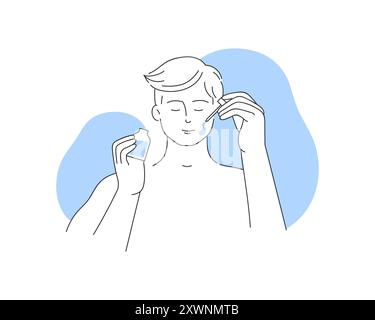 Junger Mann, der Tropfer und Flasche Serum oder Hautpflegeöl vor Massagevektor-Illustration hält Stock Vektor