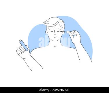 Junger Mann, der Mascara auf Wimpern anwendet, tägliche Make-up Routine Vektor Illustration Stock Vektor
