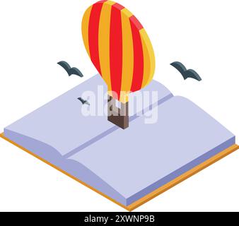 Heißluftballon hebt aus einem offenen Buch ab, das das Konzept der Fantasie veranschaulicht Stock Vektor