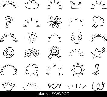 Kritzeln Sie Ausdruckssymbole. Einfache Sonnenausbrüche, Feuerwerk, verschiedene emotionale Comic-Zeichen. Anime-Manga-Line-Elemente, klassische Vektorkollektion Stock Vektor