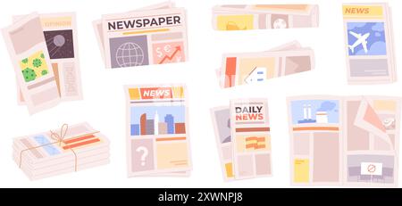 Karikaturen gefaltete Zeitungen. Wöchentliche Tageszeitschriften mit verschiedenen Nachrichten. Papierpublikationen, isolierte Zeitungen und Boulevardblätter, rasende Vektorsätze Stock Vektor