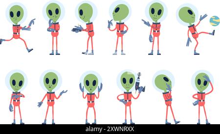 Flache Aliens. Kreaturen aus grüner Haut tragen einen Space-Anzug. Cartoon Alien sitzen und denken, mit Blaster laufen und Ball spielen. UFO Letzte Vektor Stock Vektor