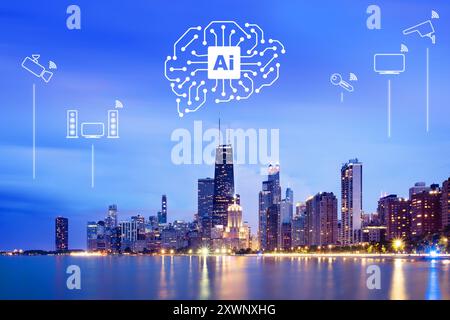 Künstliche Intelligenz, das futuristische Smart City-Konzept, Chicago, Illinois, USA Stockfoto