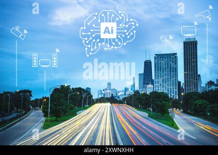 Künstliche Intelligenz, das futuristische Smart City-Konzept, Chicago, Illinois, USA Stockfoto