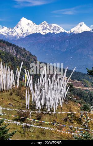 Gedenkfahnen und Gebetsfahnen (Manidhar) im Chele La Mountain Pass mit dem Berg Jomolhari in der Ferne, Jigme Dorji National Park, Bhutan Stockfoto