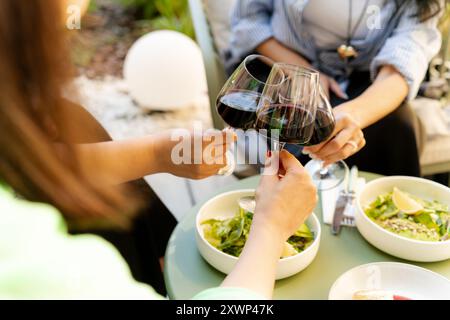 Nahaufnahme von drei Frauen, die im Freien zu Mittag essen und einen feierlichen Toast mit Gläsern Rotwein machen Stockfoto