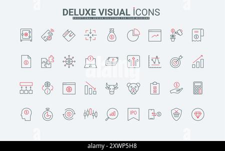 Börsenhandel, Sicherheitssymbole für Geldbörsen. Aktualisierung und Schutz von Finanzdaten, Überwachung des Wachstums von Kerzenleuchtern, Bullen und Bären dünne schwarze und rote Umrisssymbole Vektorillustration Stock Vektor