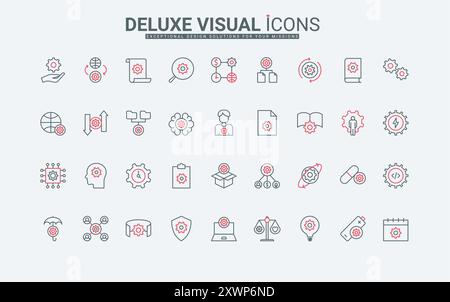 Einstellungen und Steuerung des Systembetriebs, Zeilensymbole mit Gängen. Geschäftsoptimierung und Produktivität, Modifikation mit Zahnrädern dünne schwarze und rote Umrisssymbole Vektorillustration Stock Vektor