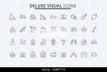 Fertigung und Landwirtschaft, Symbole für die Raumfahrtforschung. Sicherheitsausrüstung und Werkzeugkasten von Arbeitern, Maschinen für die Schwerindustrie, Bau dünne schwarze und rote Umrisssymbole Vektorillustration Stock Vektor