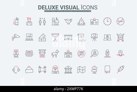 Ausstellung und Gebäude des Stadtmuseums, historische Galerie mit Kultur und Geschichte, archäologische Linien-Ikonen gesetzt. Skulptur und Statue, Bildersammlung von dünnen schwarzen und roten Umrisssymbolen Vektor-Illustration Stock Vektor