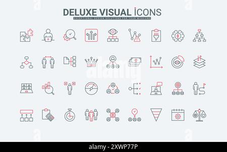 Projektmanagement, Unternehmensinfrastruktur für Produktivitätssteigerungslinien. Organisation des Geschäftsteams, Erfolgsalgorithmus und Verfahren dünne schwarze und rote Umrisssymbole Vektorillustration Stock Vektor