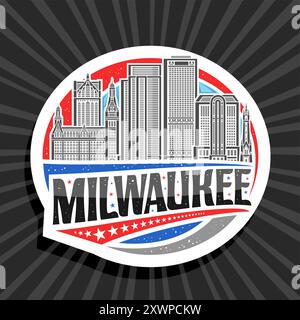 Vektor-Logo für Milwaukee, weißer dekorativer Tag mit Umrissillustration der milwaukee Stadtlandschaft auf Tageshimmel Hintergrund, Kunstdesign Kühlschrank magne Stock Vektor