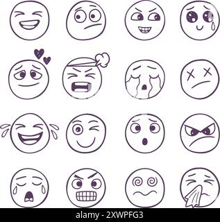 Coole handgezeichnete Emoticons mit verschiedenen Emotionen, die Autoren arbeiten Stock Vektor