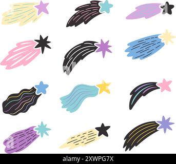Farbenfrohe, helle Sterne mit Schwänzen setzen die Autoren Stock Vektor