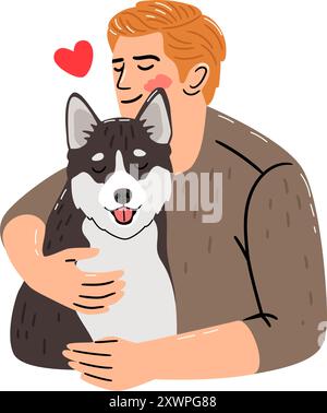 Glücklicher Mann umarmt Husky-Hund. Illustration über die Liebe der Tierbesitzer Autoren arbeiten Stock Vektor