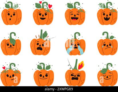 Set lustiger Kürbis Emoticons für halloween-Designautoren Stock Vektor