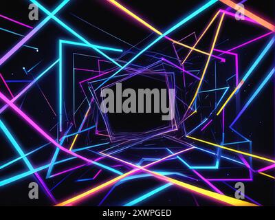 Abstrakter Hintergrund mit Neonlinien unterschiedlicher Formen in chaotischer Reihenfolge, erzeugt durch ein neuronales Netzwerk Stockfoto