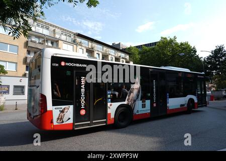 Hamburg, Deutschland. August 2024. Ein Bus der Hochbahn AG fährt durch den Stadtteil Eimsbüttel. Quelle: Marcus Brandt/dpa/Alamy Live News Stockfoto