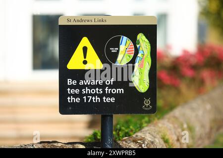 August 2024; Old Course in St Andrews, St Andrews, Fife, Schottland; AIG Womens Open Golf, Übungstag 2; Signage on the Old Course, St Andrews Links während einer Übungsrunde bei den AIG Women's Open Stockfoto